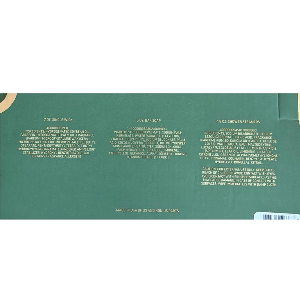 Bath and Body 3-piece Eucalyptus Spearmint Aromatherapy Gift Box Set - Single Wick Candle, Shea Butter Cleansing Bar, Shower Steamers - Arranged in Decorative Gift Box