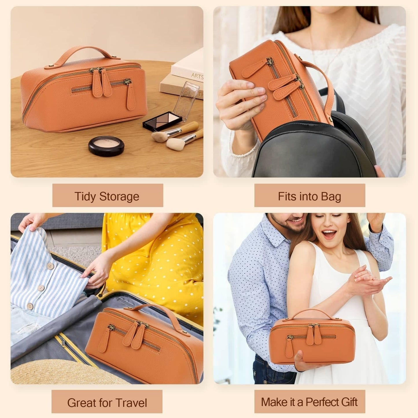 Travel Makeup Bag Large Capacity Cosmetic Bags for Women Waterproof Make up Organizer Toiletry Bag Open Flat Portable with Divider with Handle Pouch (Brown, 3L)