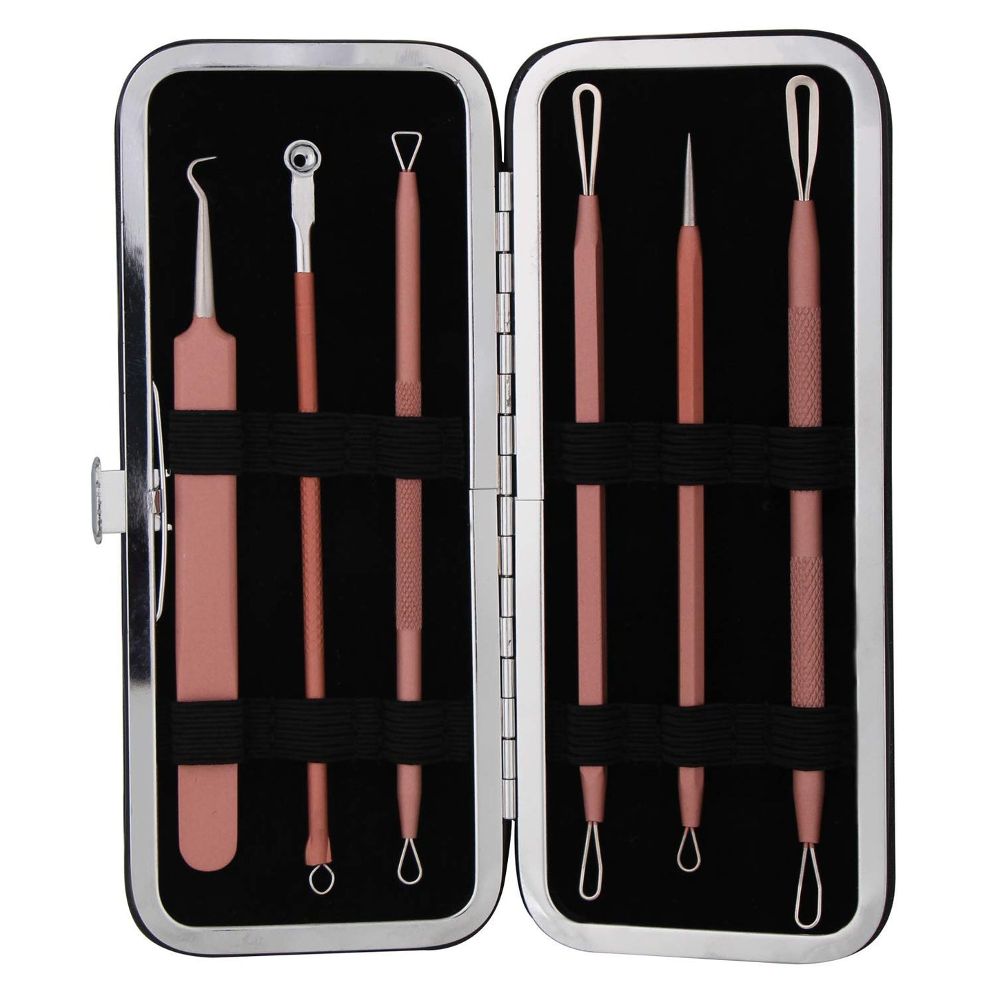 JPNK Blackhead Remover Tool Comedones Extractor Acne Removal Kit for Blemish, Whitehead Popping, 6 Pcs Zit Removing for Nose Face Tools with a Leather Bag (Pink)