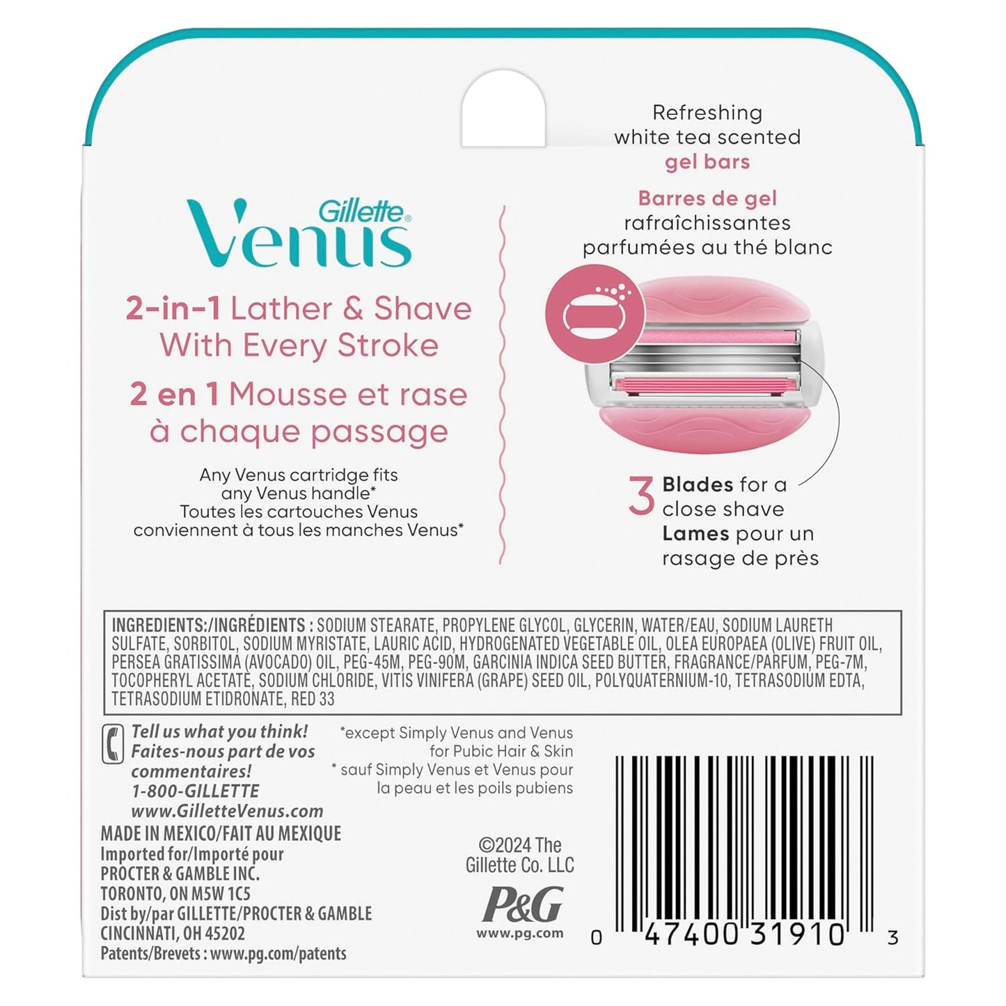 Gillette Venus ComfortGlide White Tea Women's Razor Blades, 3-Blade Razor Refills, 6 Count
