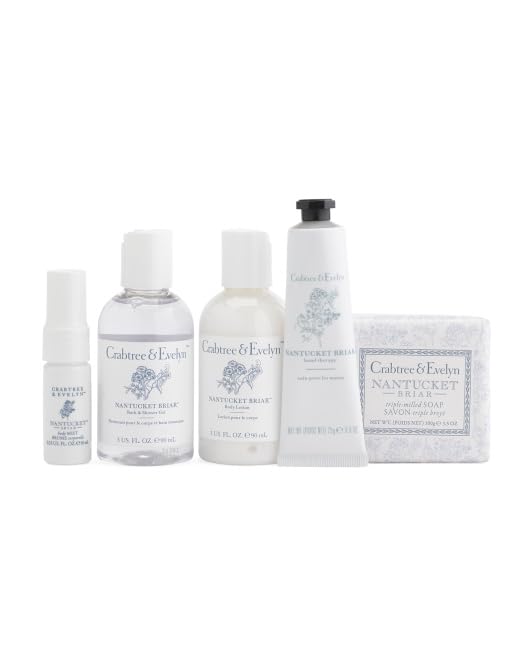 Crabtree & Evelyn Nantucket Briar Personal Travel Bath Set (6 Pieces - (3oz) bath and shower gel (3oz) body lotion (0.9oz) hand cream (0.33oz) body mist (3.5oz) soap 1 cosmetic bag)