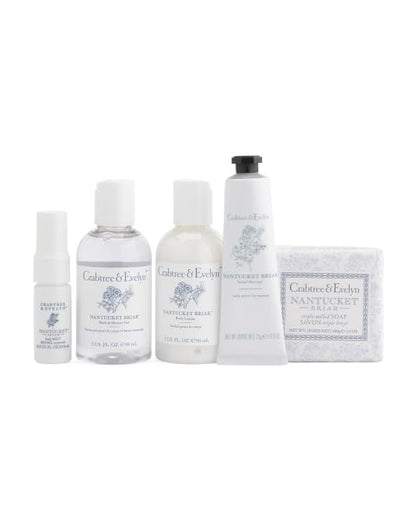 Crabtree & Evelyn Nantucket Briar Personal Travel Bath Set (6 Pieces - (3oz) bath and shower gel (3oz) body lotion (0.9oz) hand cream (0.33oz) body mist (3.5oz) soap 1 cosmetic bag)