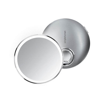 simplehuman Sensor Mirror, Lighted Compact Makeup Magnifying Mirror with Light, Round, Travel Size, Black Stainless Steel