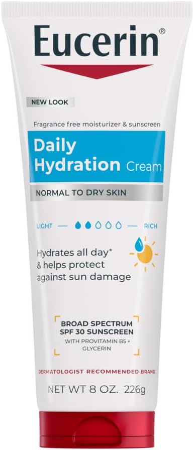 Eucerin Daily Hydration Broad Spectrum SPF 30 Sunscreen Body Cream for Dry Skin, Fragrance Free Sunscreen Moisturizer, 8 Oz Tube