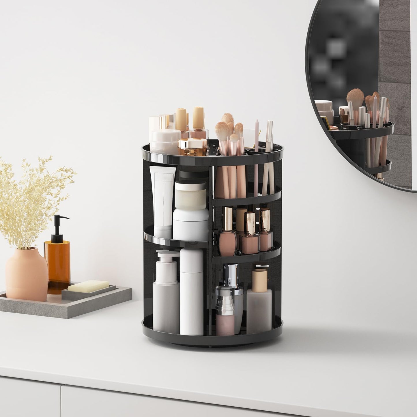 Rotating Makeup Organizer, DIY 8 Adjustable Layers Spinning Skincare Organizer, Cosmetic Display Case with Brush Holder Perfume Tray, Multi-Function Storage Carousel for Vanity Bathroom Countertop