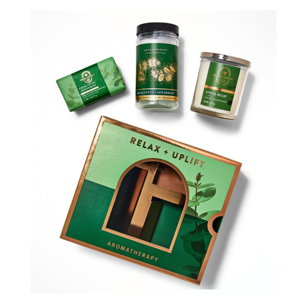 Bath and Body 3-piece Eucalyptus Spearmint Aromatherapy Gift Box Set - Single Wick Candle, Shea Butter Cleansing Bar, Shower Steamers - Arranged in Decorative Gift Box