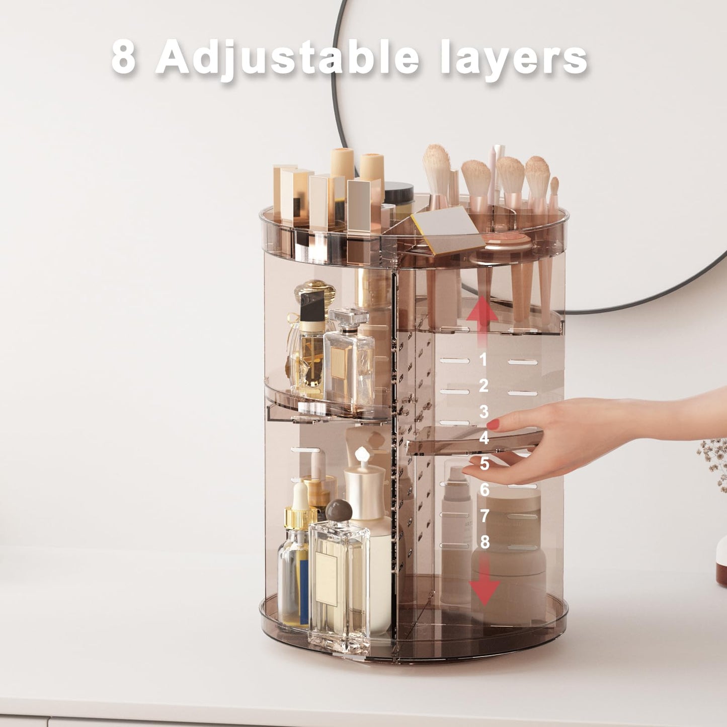 Rotating Makeup Organizer, DIY 8 Adjustable Layers Spinning Skincare Organizer, Cosmetic Display Case with Brush Holder Perfume Tray, Multi-Function Storage Carousel for Vanity Bathroom Countertop