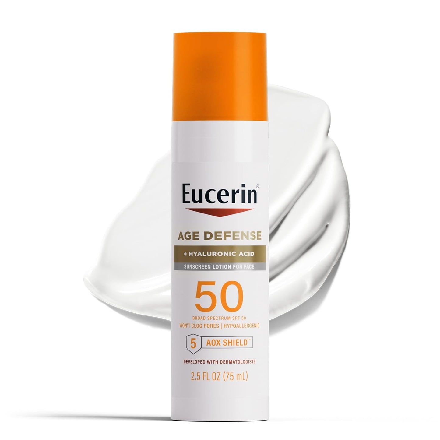 Eucerin Sun Age Defense SPF 50 Face Sunscreen Lotion with Hyaluronic Acid, Hypoallergenic, Non-Comedogenic Sunscreen SPF 50 Free of Fragrance, Oxybenzone and Octinoxate, 2.5 Fl Oz Bottle