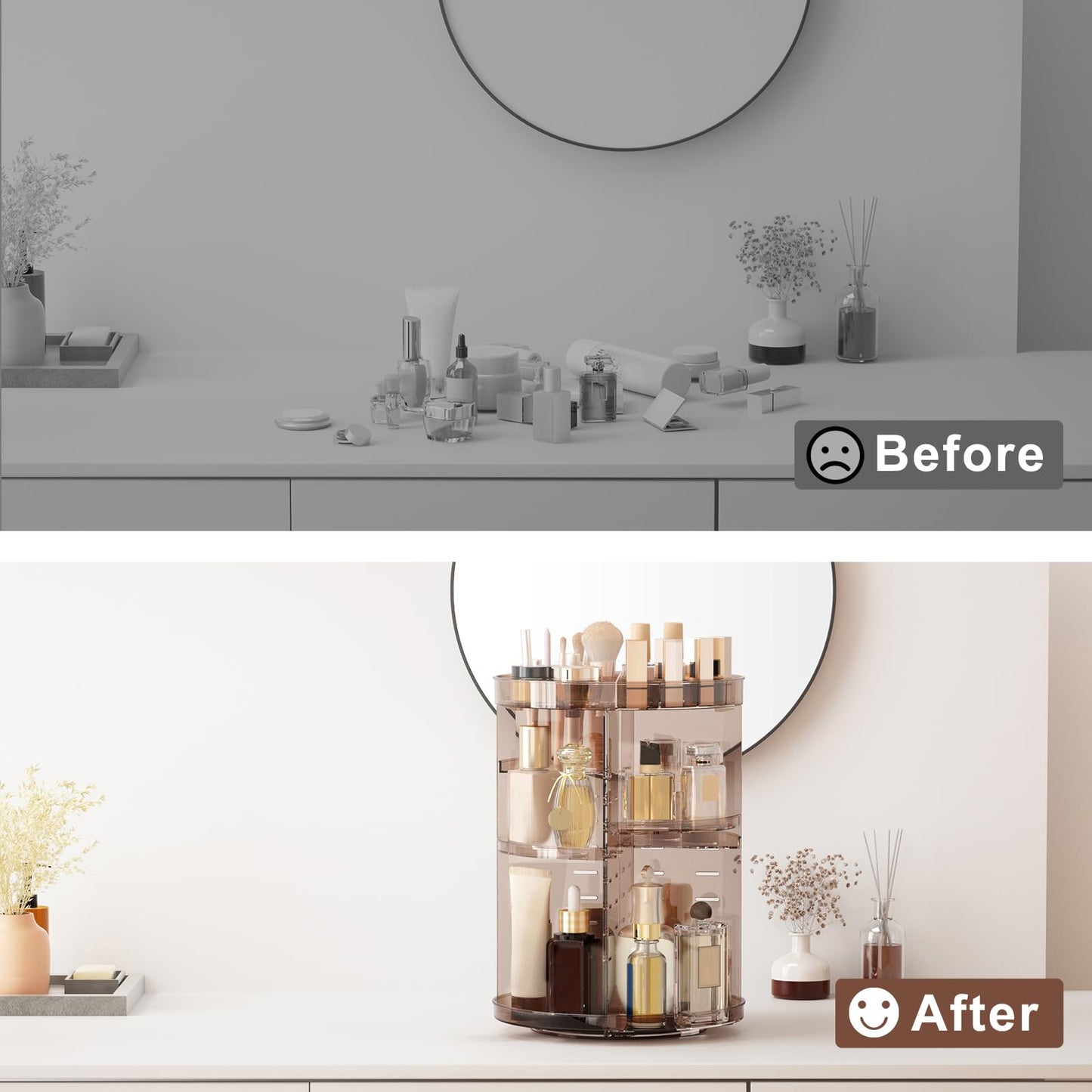 Rotating Makeup Organizer, DIY 8 Adjustable Layers Spinning Skincare Organizer, Cosmetic Display Case with Brush Holder Perfume Tray, Multi-Function Storage Carousel for Vanity Bathroom Countertop