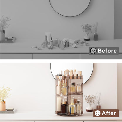 Rotating Makeup Organizer, DIY 8 Adjustable Layers Spinning Skincare Organizer, Cosmetic Display Case with Brush Holder Perfume Tray, Multi-Function Storage Carousel for Vanity Bathroom Countertop