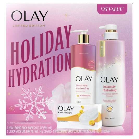 Olay Holiday Hydration Gift Pack with Hyaluronic Body Wash, Lotion, and Beauty Bar