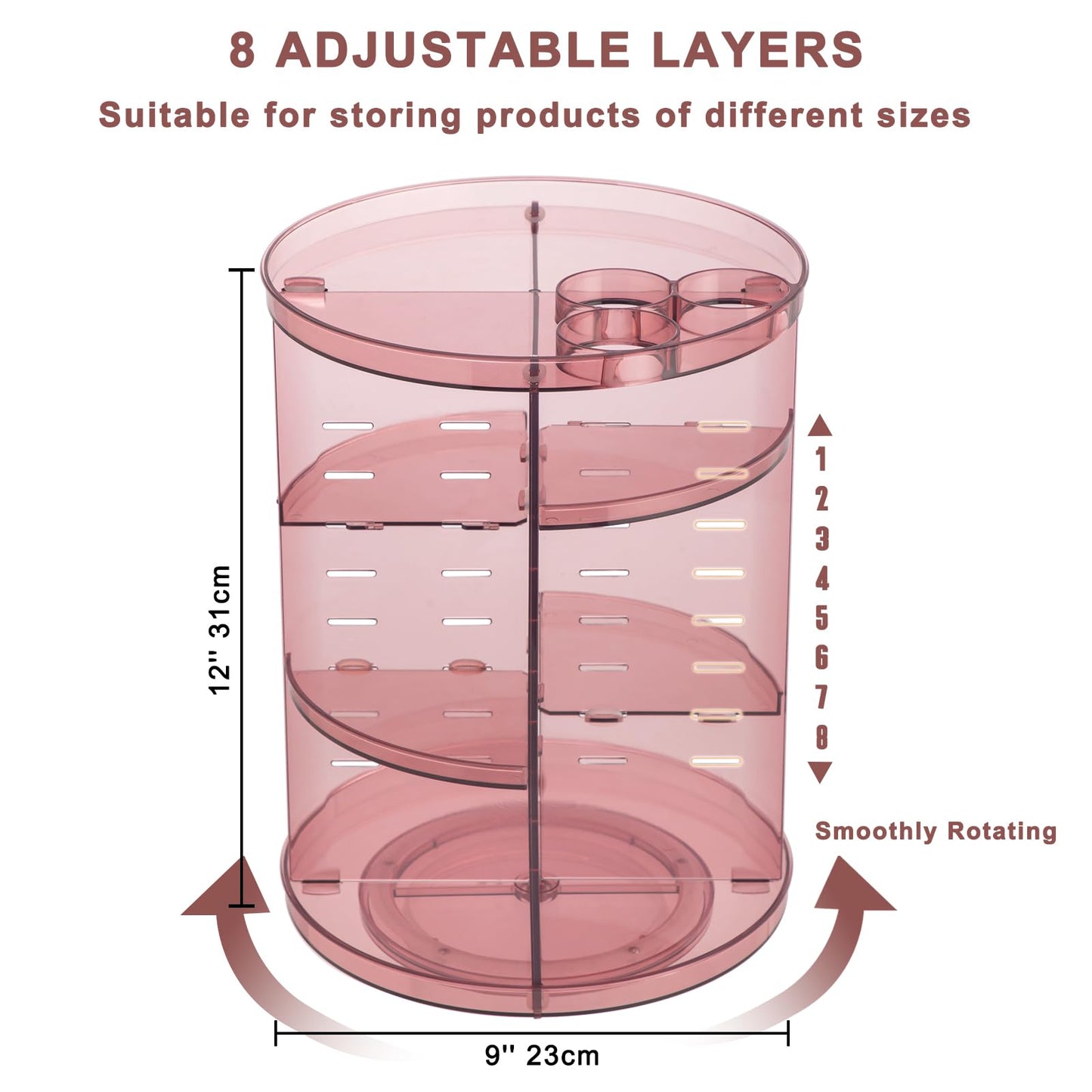 Rotating Makeup Organizer, DIY 8 Adjustable Layers Spinning Skincare Organizer, Cosmetic Display Case with Brush Holder Perfume Tray, Multi-Function Storage Carousel for Vanity Bathroom Countertop