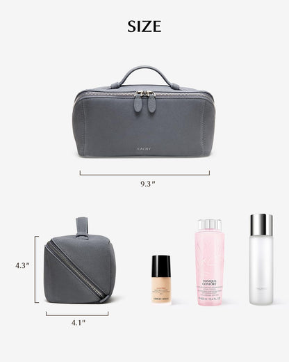 EACHY Leather Makeup Bag, Portable 180° Wide-Open Flat Cosmetic Bag for Women, Large Capacity Make Up Organizer Makeup Pouch with Divider and Handle