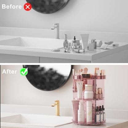 Rotating Makeup Organizer, DIY 8 Adjustable Layers Spinning Skincare Organizer, Cosmetic Display Case with Brush Holder Perfume Tray, Multi-Function Storage Carousel for Vanity Bathroom Countertop
