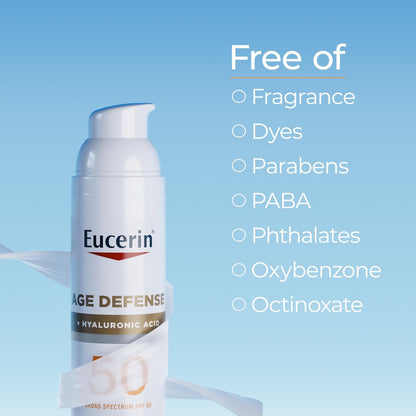 Eucerin Sun Age Defense SPF 50 Face Sunscreen Lotion with Hyaluronic Acid, Hypoallergenic, Non-Comedogenic Sunscreen SPF 50 Free of Fragrance, Oxybenzone and Octinoxate, 2.5 Fl Oz Bottle