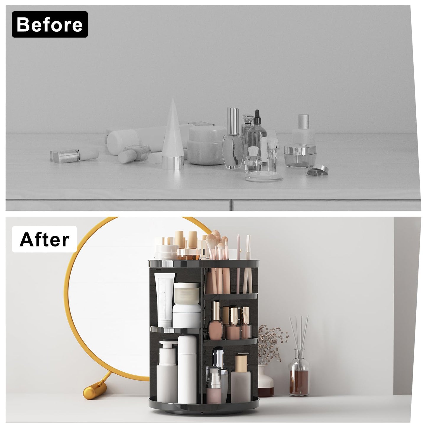 Rotating Makeup Organizer, DIY 8 Adjustable Layers Spinning Skincare Organizer, Cosmetic Display Case with Brush Holder Perfume Tray, Multi-Function Storage Carousel for Vanity Bathroom Countertop