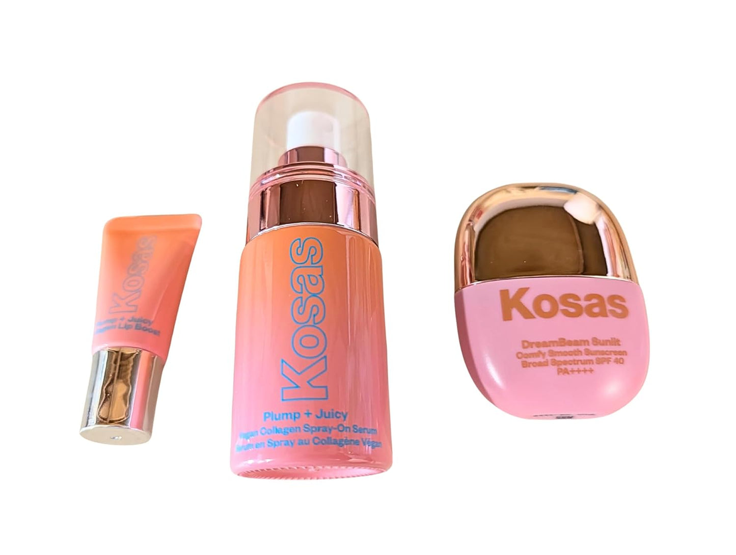 Kosas Plump + Juicy Makeup Prep Skincare Set – 3-Piece Mini Set with Collagen Spray-On Serum (1 oz), DreamBeam Sunlit SPF 40 PA++++ Sunscreen (0.5 oz), and Lip Booster (0.17 oz)