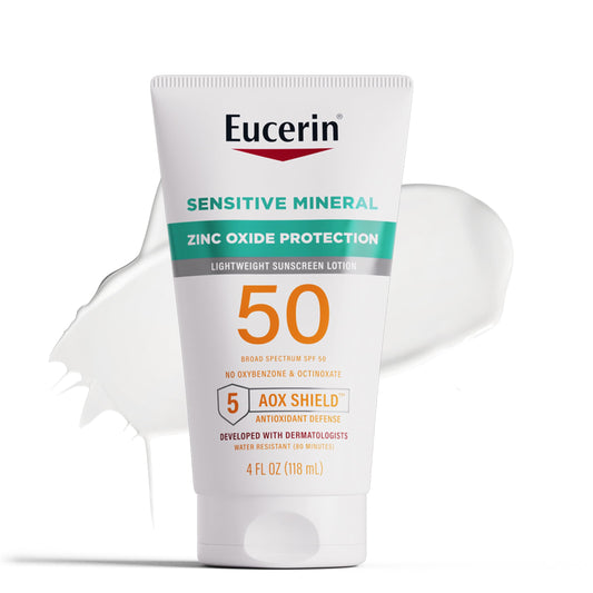 Eucerin Sun Sensitive Mineral Sunscreen Lotion SPF 50 with Zinc Oxide Protection, Hypoallergenic Sunscreen for Sensitive Skin, Oxybenzone and Octinoxate Free, 4 Fl Oz Tube
