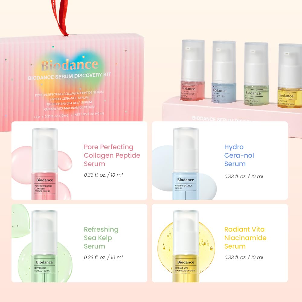 BIODANCE Serum Discovery Set: 4 Mini Serums Set, Holiday Christmas Gifts, Stocking Stuffers for teen girls, Korean Skincare with Collagen Peptide, Ceramide Panthenol, Sea Kelp, Vitamin C Niacinamide
