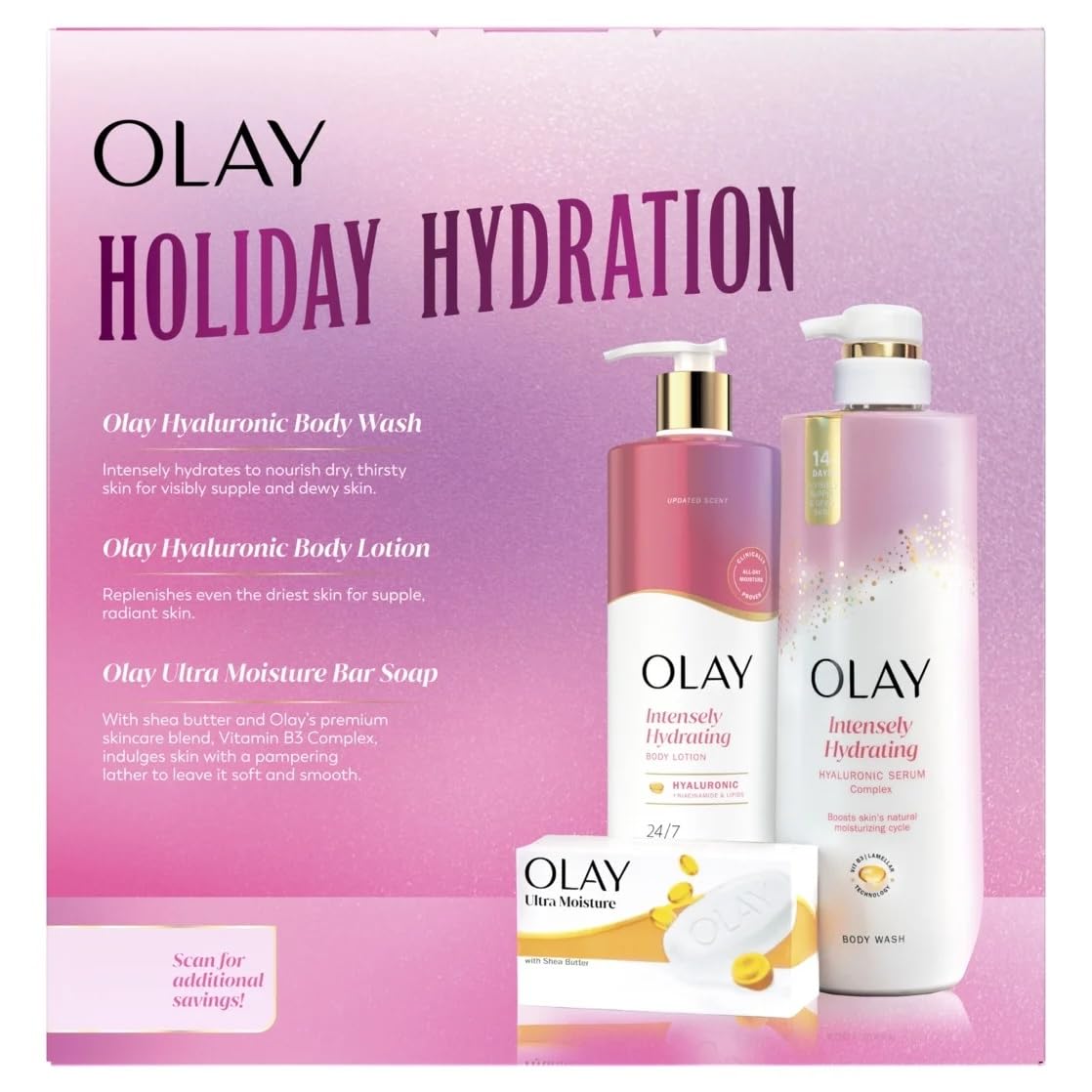 Olay Holiday Hydration Gift Pack with Hyaluronic Body Wash, Lotion, and Beauty Bar