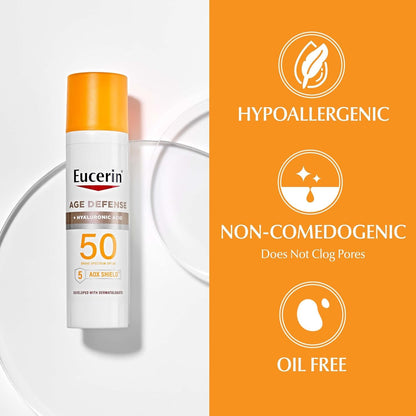 Eucerin Sun Age Defense SPF 50 Face Sunscreen Lotion with Hyaluronic Acid, Hypoallergenic, Non-Comedogenic Sunscreen SPF 50 Free of Fragrance, Oxybenzone and Octinoxate, 2.5 Fl Oz Bottle