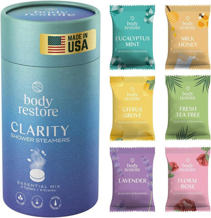 Body Restore Shower Steamers Aromatherapy 6 Pack - Christmas Stocking Stuffers for Men, Birthday Gifts for Women, White Elephant, Relaxation, Self Care - Clarity