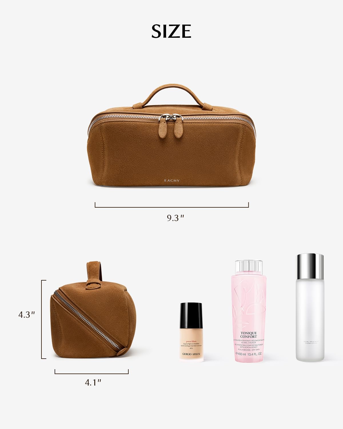 EACHY Leather Makeup Bag, Portable 180° Wide-Open Flat Cosmetic Bag for Women, Large Capacity Make Up Organizer Makeup Pouch with Divider and Handle