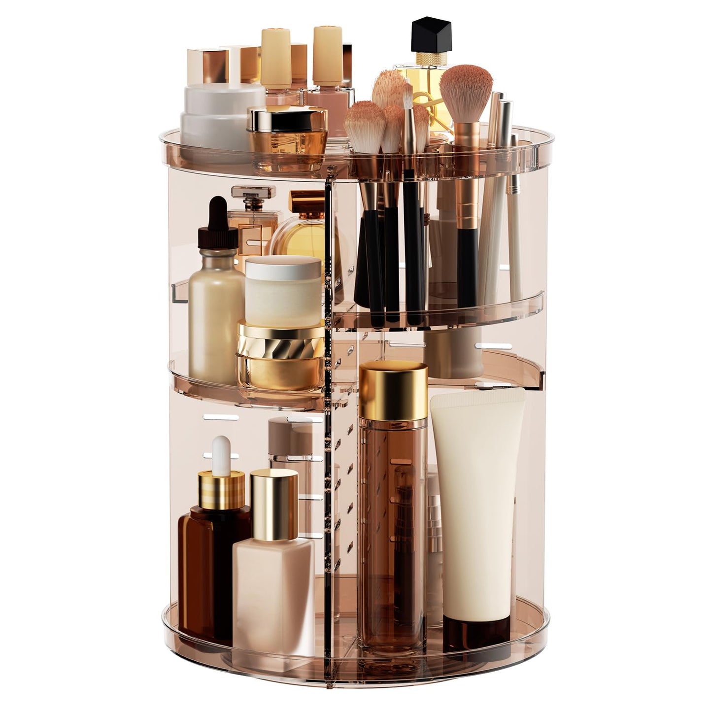 Rotating Makeup Organizer, DIY 8 Adjustable Layers Spinning Skincare Organizer, Cosmetic Display Case with Brush Holder Perfume Tray, Multi-Function Storage Carousel for Vanity Bathroom Countertop