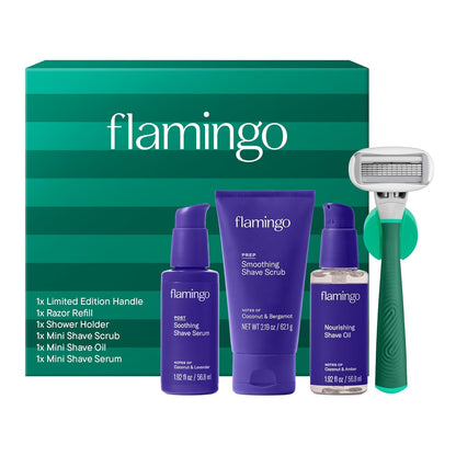 Flamingo Women's Razor Holiday Gift Set - Razor Handle, Blade Refill, Mini Smoothing Shave Scrub, Mini Nourishing Shaving Oil, Mini Soothing Shave Serum, and Shower Holder