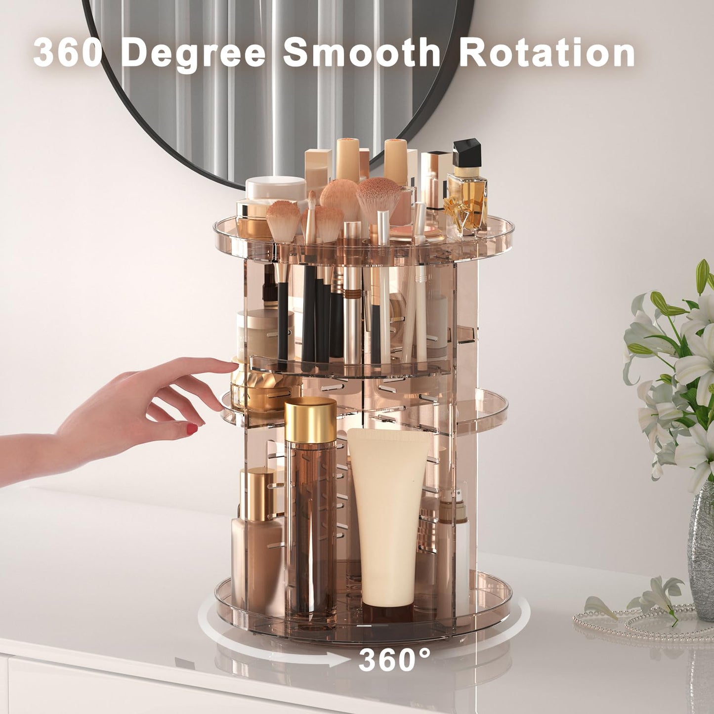 Rotating Makeup Organizer, DIY 8 Adjustable Layers Spinning Skincare Organizer, Cosmetic Display Case with Brush Holder Perfume Tray, Multi-Function Storage Carousel for Vanity Bathroom Countertop