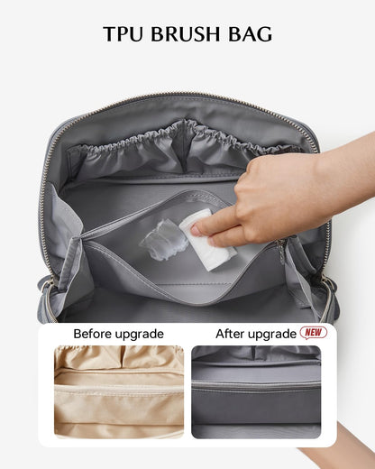 EACHY Leather Makeup Bag, Portable 180° Wide-Open Flat Cosmetic Bag for Women, Large Capacity Make Up Organizer Makeup Pouch with Divider and Handle