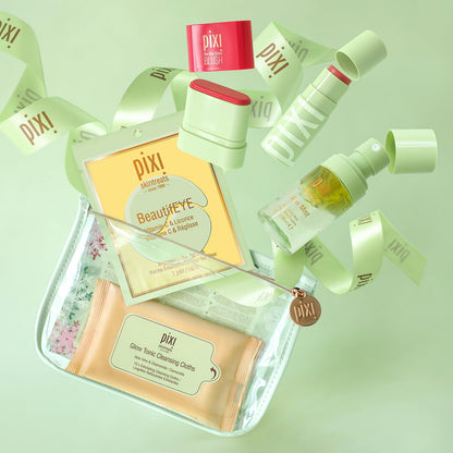 Best of Pixi Beauty Holiday Edition Gift Set | Kit Contains BeautifEYE Eye Patches, Glow Tonic Cleansing Cloths, Glow Mist, On-the-Glow Blush and +Hydra LipTreat Lip Balm in Holiday Makeup Bag
