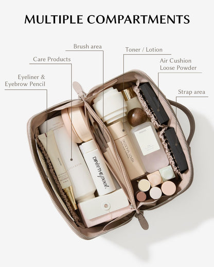 EACHY Leather Makeup Bag, Portable 180° Wide-Open Flat Cosmetic Bag for Women, Large Capacity Make Up Organizer Makeup Pouch with Divider and Handle