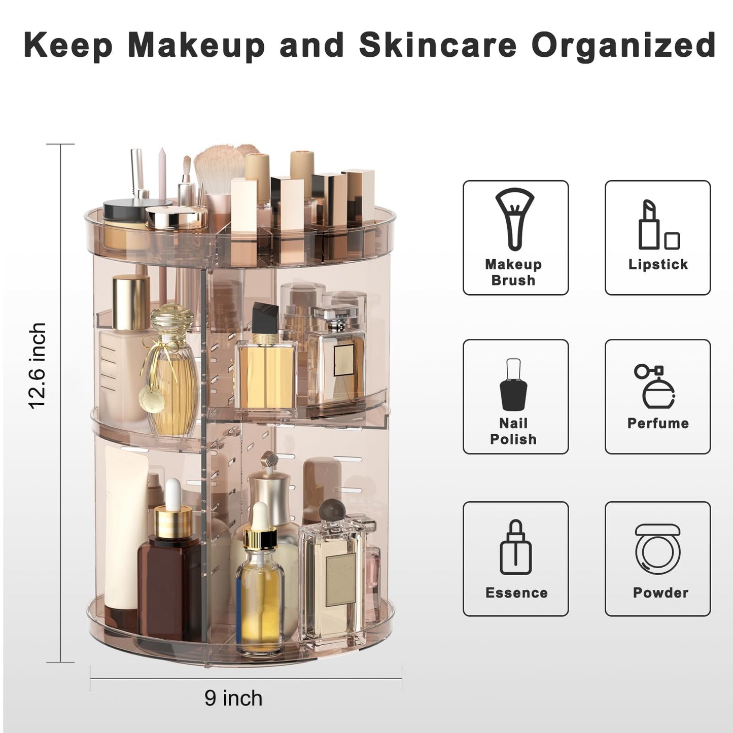 Rotating Makeup Organizer, DIY 8 Adjustable Layers Spinning Skincare Organizer, Cosmetic Display Case with Brush Holder Perfume Tray, Multi-Function Storage Carousel for Vanity Bathroom Countertop