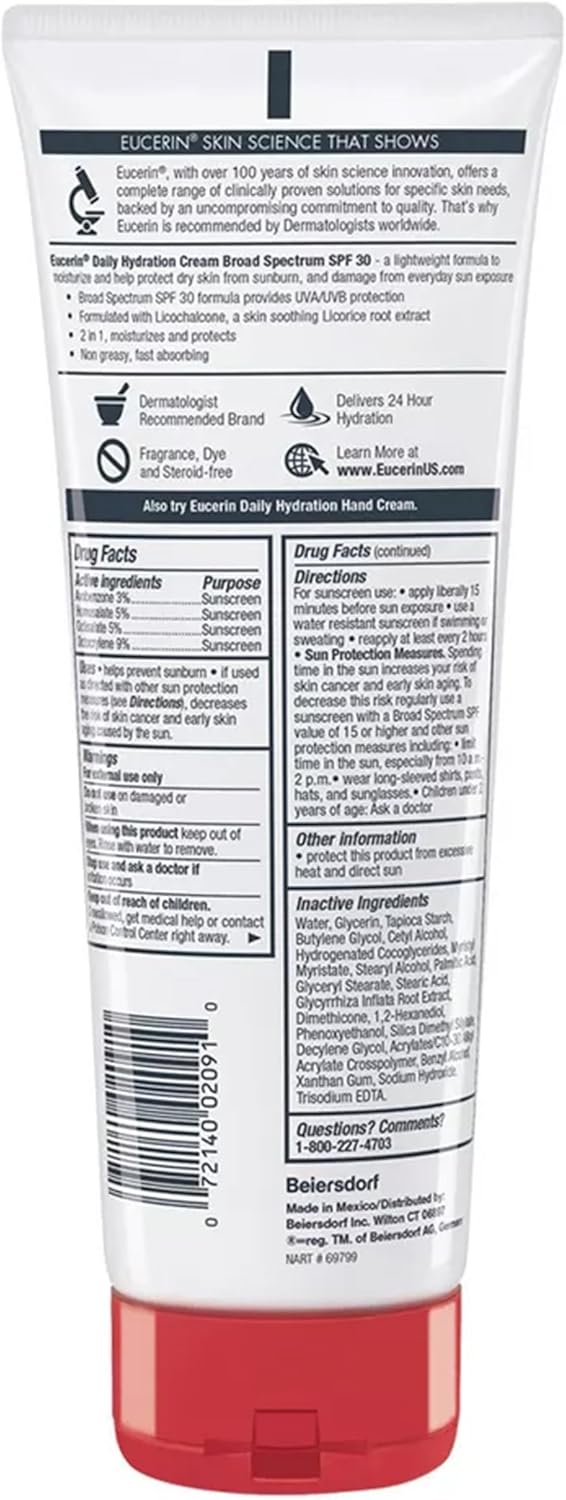 Eucerin Daily Hydration Broad Spectrum SPF 30 Sunscreen Body Cream for Dry Skin, Fragrance Free Sunscreen Moisturizer, 8 Oz Tube