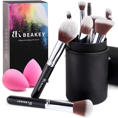 BEAKEY Makeup Brushes Set, Professional Foundation Eyeshadow Concealer Blush Powder Bronzer Applicator, 2 Blender Sponge with Beauty Paper Case stocking stuffers