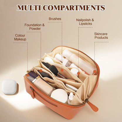 Travel Makeup Bag Large Capacity Cosmetic Bags for Women Waterproof Make up Organizer Toiletry Bag Open Flat Portable with Divider with Handle Pouch (Brown, 3L)