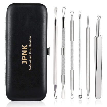 JPNK Blackhead Remover Tool Comedones Extractor Acne Removal Kit for Blemish, Whitehead Popping, 6 Pcs Zit Removing for Nose Face Tools with a Leather Bag (Pink)