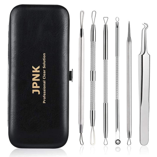 JPNK Blackhead Remover Tool Comedones Extractor Acne Removal Kit for Blemish, Whitehead Popping, 6 Pcs Zit Removing for Nose Face Tools with a Leather Bag (Pink)