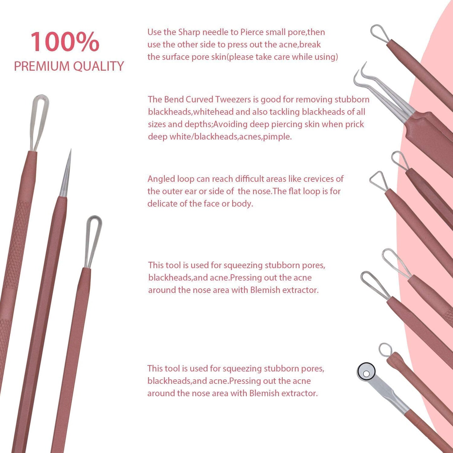 JPNK Blackhead Remover Tool Comedones Extractor Acne Removal Kit for Blemish, Whitehead Popping, 6 Pcs Zit Removing for Nose Face Tools with a Leather Bag (Pink)