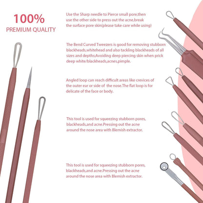 JPNK Blackhead Remover Tool Comedones Extractor Acne Removal Kit for Blemish, Whitehead Popping, 6 Pcs Zit Removing for Nose Face Tools with a Leather Bag (Pink)