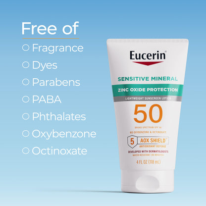 Eucerin Sun Sensitive Mineral Sunscreen Lotion SPF 50 with Zinc Oxide Protection, Hypoallergenic Sunscreen for Sensitive Skin, Oxybenzone and Octinoxate Free, 4 Fl Oz Tube