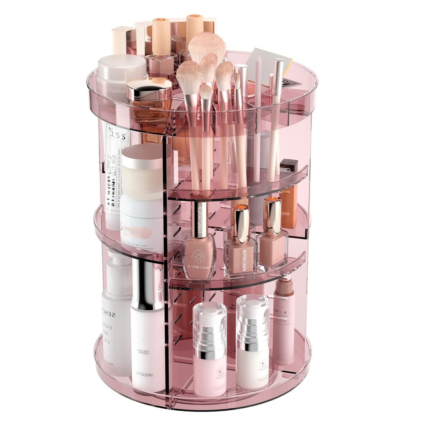Rotating Makeup Organizer, DIY 8 Adjustable Layers Spinning Skincare Organizer, Cosmetic Display Case with Brush Holder Perfume Tray, Multi-Function Storage Carousel for Vanity Bathroom Countertop