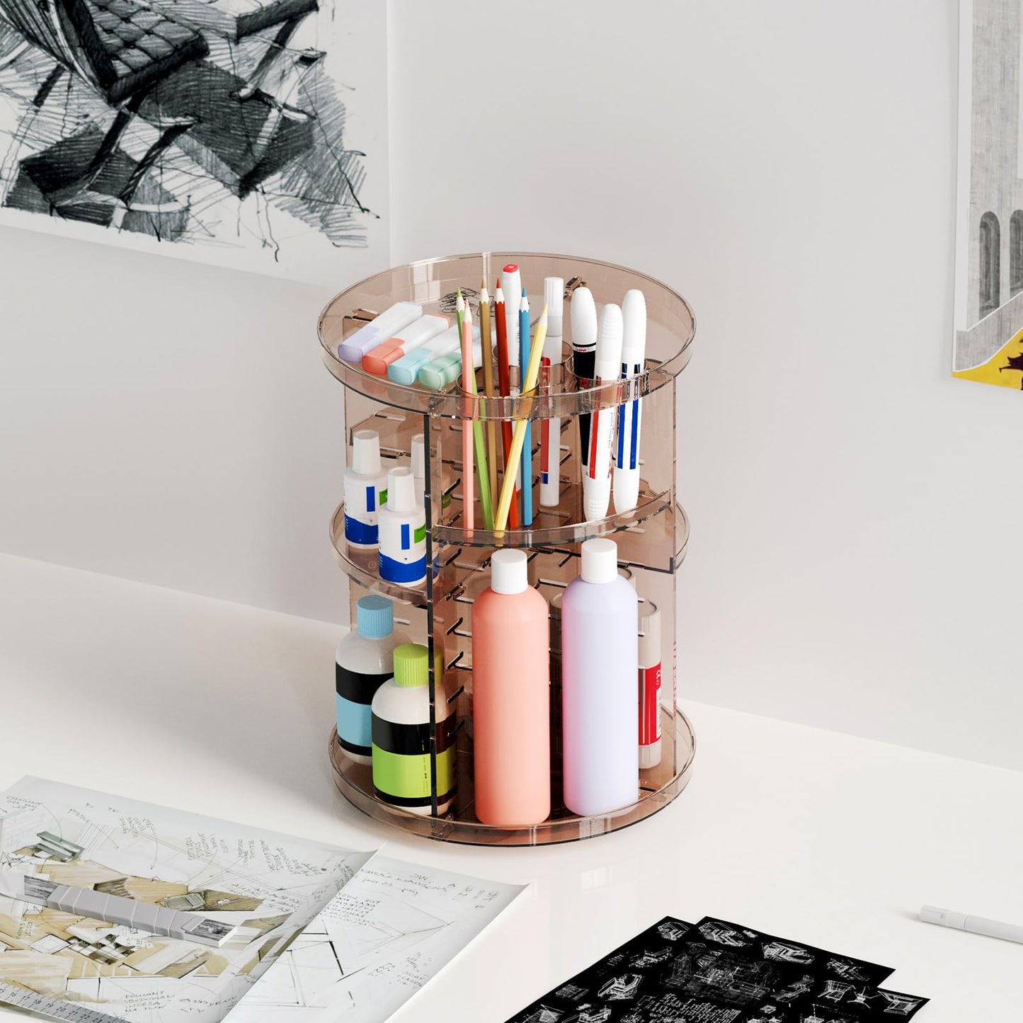 Rotating Makeup Organizer, DIY 8 Adjustable Layers Spinning Skincare Organizer, Cosmetic Display Case with Brush Holder Perfume Tray, Multi-Function Storage Carousel for Vanity Bathroom Countertop