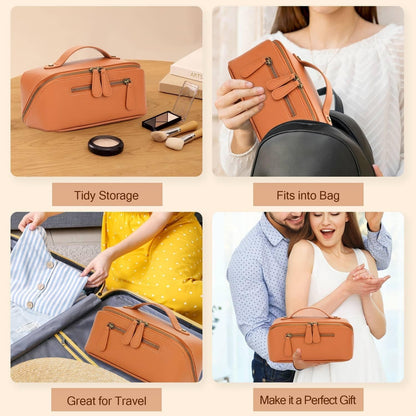 Travel Makeup Bag Large Capacity Cosmetic Bags for Women Waterproof Make up Organizer Toiletry Bag Open Flat Portable with Divider with Handle Pouch (Brown, 3L)