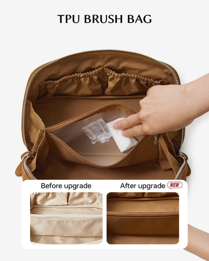 EACHY Leather Makeup Bag, Portable 180° Wide-Open Flat Cosmetic Bag for Women, Large Capacity Make Up Organizer Makeup Pouch with Divider and Handle