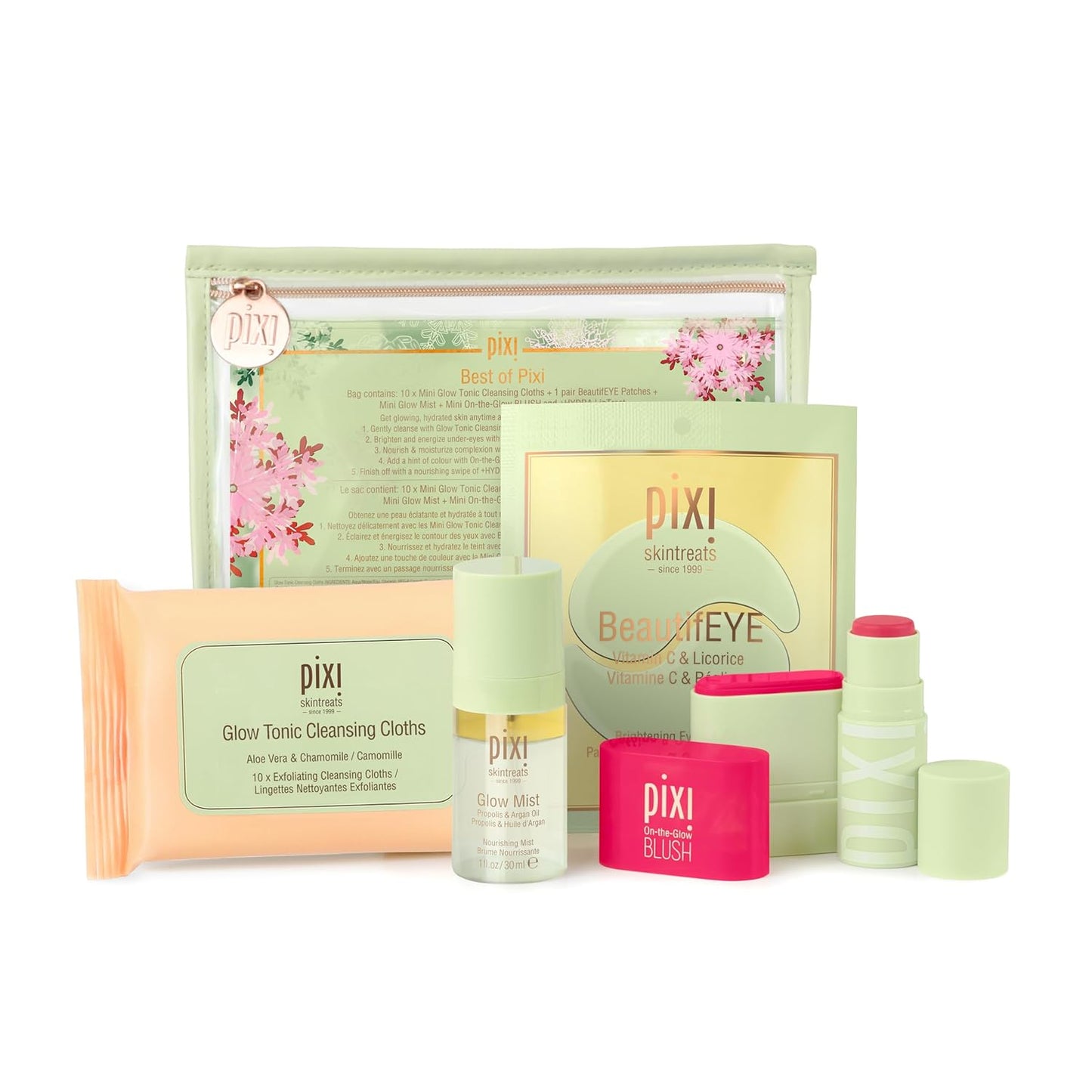 Best of Pixi Beauty Holiday Edition Gift Set | Kit Contains BeautifEYE Eye Patches, Glow Tonic Cleansing Cloths, Glow Mist, On-the-Glow Blush and +Hydra LipTreat Lip Balm in Holiday Makeup Bag