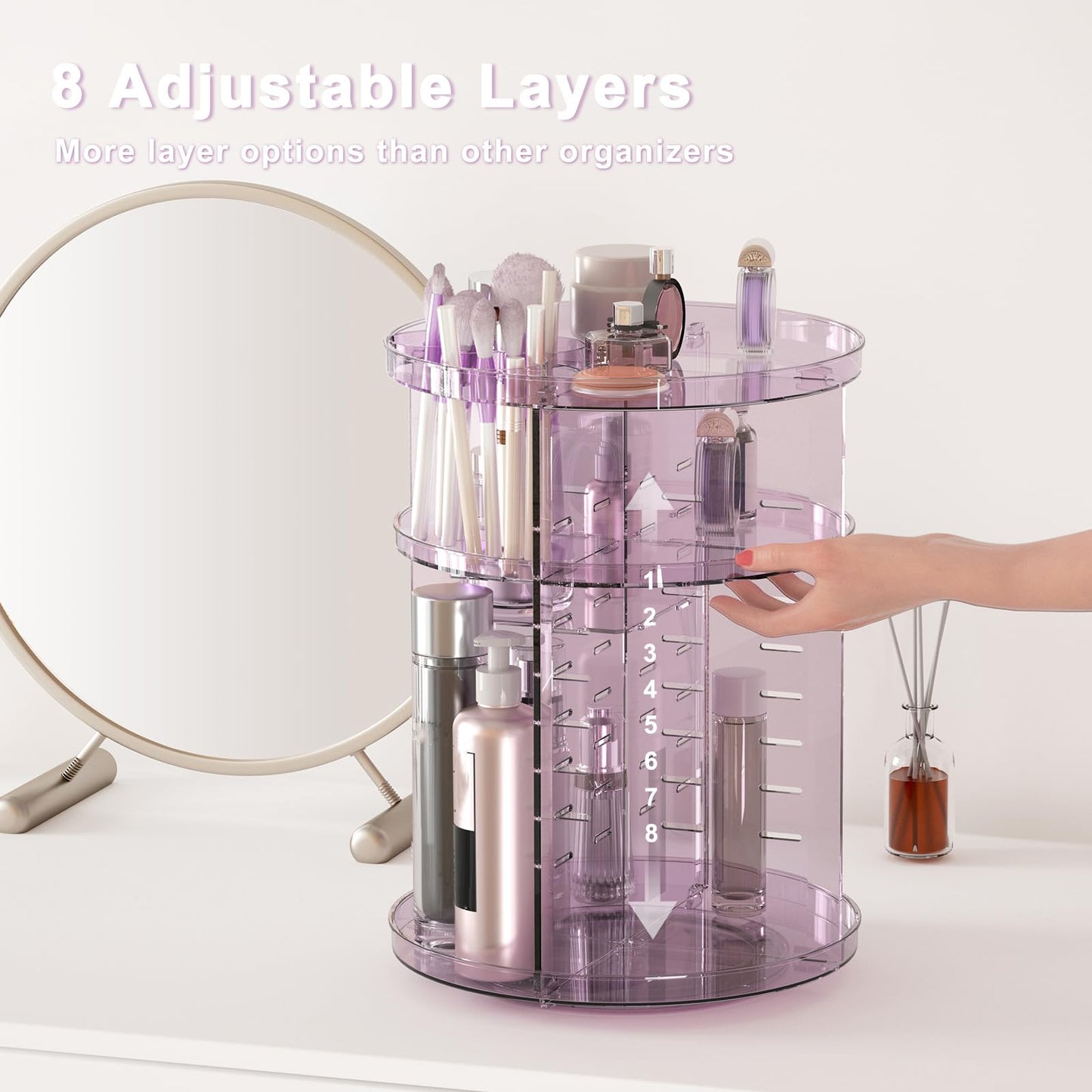 Rotating Makeup Organizer, DIY 8 Adjustable Layers Spinning Skincare Organizer, Cosmetic Display Case with Brush Holder Perfume Tray, Multi-Function Storage Carousel for Vanity Bathroom Countertop