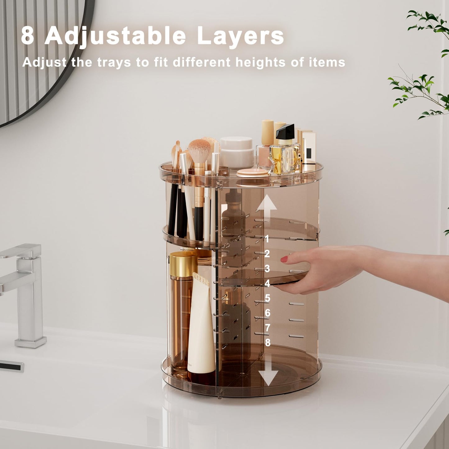 Rotating Makeup Organizer, DIY 8 Adjustable Layers Spinning Skincare Organizer, Cosmetic Display Case with Brush Holder Perfume Tray, Multi-Function Storage Carousel for Vanity Bathroom Countertop