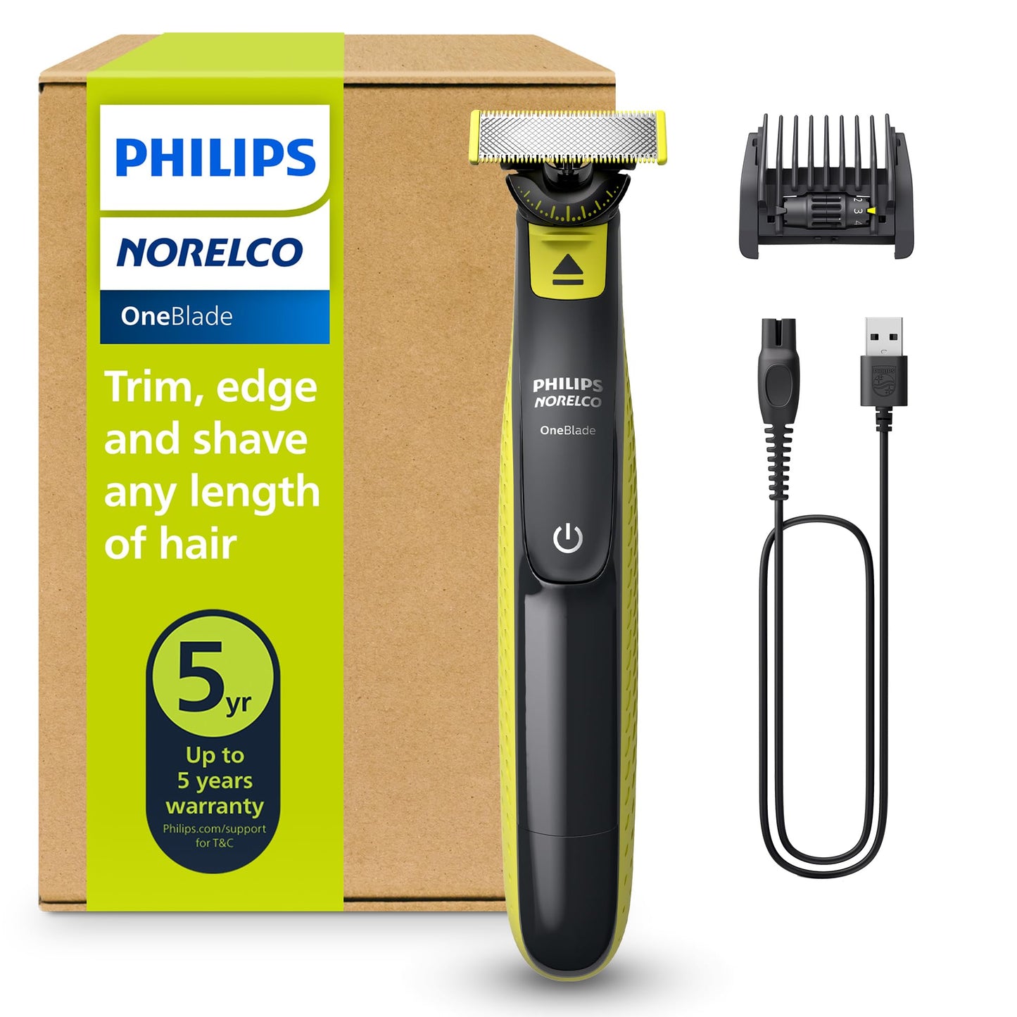 Philips Norelco One 360 Hybrid Face, Electric Beard Trimmer and Shaver, with 360 Technology, 1x 360 for Face, 5in1 Adjustable Comb, Model QP2724/90